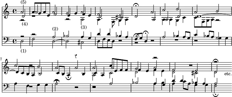 << \new Staff << \time 4/4 \override Score.Rest #'style = #'classical \partial 2 \new Voice \relative a' { \stemUp a2^"(5)" a8 g a e a2 | g a | f e | d\fermata a' | c d | a b | c b | a a | a c8 e, f f | g2 a | f e | d\fermata s4_"etc." } 
\new Voice \relative d' { \stemUp d2_"(4)" a' f | e4 g f e | d2 cis | s a | a d | d1 ^~ | d8 c b a b2 | c8 b a4_\fermata r b | c a a'2 | f4 e r2 | R1 | r2 }
\new Voice \relative a { \stemDown r2 r1 r2 a_"(3)" | a4. f8 g4 a | s1 | a4 a g c | c8 f, g a r2 | R1 | s1 | a2 c | d f4 e | d2 cis | d } >>
\new Staff << \clef bass \new Voice \relative a { \stemUp r2 r a^"(2)" bes a4 g | d' d bes a | f8 g d4\fermata s2 | a'2 bes4 a8 g | c4 bes8 a g2 | R1 | r2 r | r a | bes a4 g | d' d bes a | a2 }
\new Voice \relative d { \stemDown d2_"(1)" | f d ~ | d cis | d8 f e d r2 | r\fermata r | R1 | r2 g4 g | a f g g | a2\fermata r r1 s2 a4 bes | a c8 a g4 g | f2_\fermata s4 } >> >>