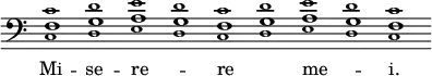 { \override Score.TimeSignature #'stencil = ##f \clef bass { \cadenzaOn <f \tweak #'font-size #-2 c \tweak #'font-size #-2 c'>1 <g \tweak #'font-size #-2 d \tweak #'font-size #-2 d'> <a \tweak #'font-size #-2 e \tweak #'font-size #-2 e'> <g \tweak #'font-size #-2 d \tweak #'font-size #-2 d'> <f \tweak #'font-size #-2 c \tweak #'font-size #-2 c'> <g \tweak #'font-size #-2 d \tweak #'font-size #-2 d'> <a \tweak #'font-size #-2 e \tweak #'font-size #-2 e'> <g \tweak #'font-size #-2 d \tweak #'font-size #-2 d'> <f \tweak #'font-size #-2 c \tweak #'font-size #-2 c'> s } \addlyrics { Mi1 -- se -- re -- _ re _ me -- _ i. } }