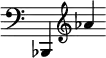 { \override Score.TimeSignature #'stencil = ##f \clef bass { bes,,4 \clef treble aes' } }