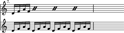 \relative c' << { \override Score.TimeSignature #'stencil = ##f } \time 4/4 \new staff { \mark \markup \small "7." \repeat percent 4 { d16 f a f } | s4 }
\new staff { d16 f a f d f a f d f a f d f a f | s4 } >> 