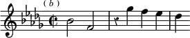  \relative b' { \key bes \minor \time 2/2 \override Score.Rest #'style = #'classical \mark \markup \tiny { ( \italic b ) } bes2 f | r4 ges' f ees | des }