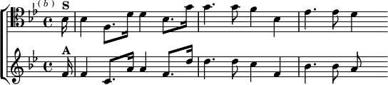  \new ChoirStaff <<
  \new Staff \relative b { \clef tenor \key bes \major \time 4/4 \partial 16 \mark \markup \tiny { ( \italic b ) }
    bes16^\markup \bold "S" | bes4 f8. d'16 d4 bes8. g'16 |
    g4. g8 f4 bes, | ees4. ees8 d4 }
  \new Staff \relative f' { \key bes \major
    f16^\markup \bold "A" | f4 c8. a'16 a4 f8. d'16 |
    d4. d8 c4 f, | bes4. bes8 a } >>