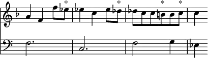 { \override Score.TimeSignature #'stencil = ##f \time 3/4 \key f \major << \relative a' { a4 f f'8 ees^"*" ees4 c ees8 des^"*" des c c b^"*" b c^"*" c4 }
\new Staff { \clef bass f2. c f2 g4 ees } >> }