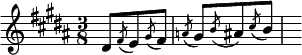 { \time 3/8 \key b \major \relative d' { dis8 \acciaccatura fis8 e \acciaccatura gis8 fis | \acciaccatura a8 gis8 \acciaccatura b8 ais8 \acciaccatura cis8 b | s } }