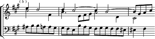 \new ChoirStaff << \override Score.TimeSignature #'stencil = ##f
  \new Staff \relative e'' { \key fis \minor \time 6/4 \partial 2. \mark \markup \tiny { (\italic"b") } <<
    { e4 d2 | d4 cis2 ^~ cis4 b2 ^~ | b8[ gis a cis] } \\
    { cis2 fis,4 | b4. e,8[ fis gis] a2 d,4 | cis2 } >> }
  \new Staff \relative a { \key fis \minor \clef bass
    ais8 b b a a gis |
    gis fis e b' a gis fis gis gis fis fis eis | eis4 fis } >>