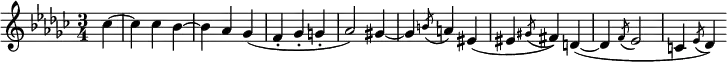 { \time 3/4 \key ges \major \partial 4 \relative c'' { ces4 ~ | ces ces bes ~ | bes aes ges( | f-. ges-. g-. | aes2) gis4 ~ | gis \acciaccatura b8 a4 eis( | eis \acciaccatura gis8 fis4) d( ~ | d \acciaccatura f8 ees2 | c4( \acciaccatura ees8 des4) } }
