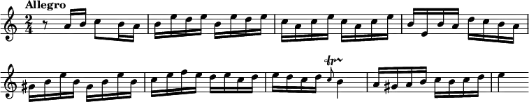 { \relative a' { \time 2/4 \tempo "Allegro" \override Score.BarNumber #'break-visibility = #'#(#f #f #f)
  r8 a16 b c8 b16 a | b e d e b e d e | c a c e c a c e | %end line 1
  b e, b' a d c b a | gis b e b gis b e b | c e f e d e c d | %eol2
  e d c d \grace c8\startTrillSpan b4\stopTrillSpan |
  a16 gis a b c b c d | e4 } }