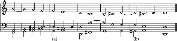 { \override Score.TimeSignature #'stencil = ##f \time 3/2 \partial 2 << \relative a' { a2 ~ | a g f | f e1 | d2 c1 | b2 cis d ~ | d cis2. d4 | d1 \bar "||" }
\new Staff { \clef bass << \relative a, { a2 | b cis d ~ d cis2. d4 | d2 a'1 ~ | a2 g f | f e1 | d } \\ \relative f, { f2 | g a bes | g_\markup { (a) } a1 | d,2 fis1 | g g2 | gis_\markup { (b) } a1 | d, } >> } >> }