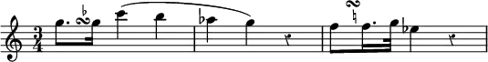 { \relative g'' { \time 3/4 \override Score.Rest #'style = #'classical
 g8.*1/2[ s\turn^\markup \teeny \flat g16] c4( b |
 aes g) r | f8*1/2[ \once \override TextScript.script-priority = #-100 s^\markup \teeny \natural \turn f16. g32] ees4 r } }