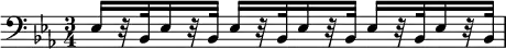 { \time 3/4 \key ees \major \clef bass \repeat unfold 3 { ees16[ r32 bes, ees16 r32 bes,] } }