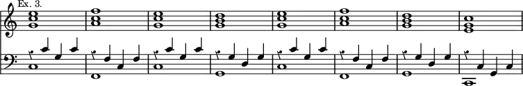 { << \new Staff \relative e'' { \time 4/4 \override Score.TimeSignature #'stencil = ##f \override Score.Rest #'style = #'classical \mark \markup \small "Ex. 3."
 <e c g>1 <f c a> <e c g> <d b g> <e c g> <f c a> <d b g> <c g e> }
\new Staff \relative c' { \clef bass
 << { r4 c g c | r f, c f | r c' g c | r g d g | %end line 1
      r c g c | r f, c f | r g d g | r c, g c } \\
    { c1 f, c' g c f, g c, } >> } >> }