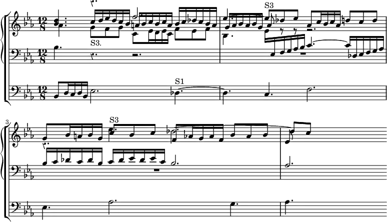 \new ChoirStaff << 
  \new PianoStaff <<
    \new Staff = "up" <<
      \new Voice \relative d'' { \override Score.Rest #'style = #'classical
        \time 12/8 \key ees \major \stemUp <d bes>4. r4. f2. |
        ees4. ^~ ees8^"S3" des ees aes, c16 bes c aes d8 c d |
        g,8 bes16 a bes g c8^"S3" bes c f, aes16 g aes f bes8 aes bes | ees,
      }
      \new Voice \relative c'' {
        \stemUp s4. c16 d ees d c bes a bes c bes c a bes c des c bes a |
        g16 aes bes aes bes g aes8 e\rest e\rest e2.\rest | c4.\rest \stemDown ees' des2. ^~ \stemUp des8[ c]
      }
      \new Voice \relative a' { \stemDown
        aes4. g8_"S3." f g c, ees16 d ees c f8 ees f |
        bes,4. ees16 \change Staff = "down" \stemUp ees, f g aes bes c4. ^~ c16 des, ees f g aes |
        bes c des c des bes c des ees des ees c bes2. | aes
      }
    >>
    \new Staff = "down" \relative b { \clef bass \key ees \major
       bes4. r r2. R1.*2 s2.
    }
  >>
  \new Staff \relative b, { \clef bass \key ees \major
     bes8 d16 c d bes ees2. des4.^"S1" ~ |
     des4. c f2. | ees4. aes2. g4. | aes s
  }
>>