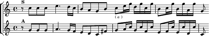 
\layout {
  \context { \Score \remove "Timing_translator" \remove "Default_bar_line_engraver" }
  \context { \Staff \consists "Timing_translator" \consists "Default_bar_line_engraver" } }
\header { tagline = ##f }
\score { \new ChoirStaff <<
  \new Staff \relative c'' { \key c \major \time 4/4
    r8^\markup \bold "S" c c c e4. d16 c | b8 a g b
    c_\markup \tiny { (\italic "a") } e16 g d g c, g' |
    b,8 c16 g' b, g' a, g' g,8 }
  \new Staff \relative g' { \key c \major \partial 2
    r8^\markup \bold "A" g g g | a4. g16 f e8 d c fis |
    g a16 c g c f, c' e,8 f16 c' e, c' d, c' | c,8 } >>} 