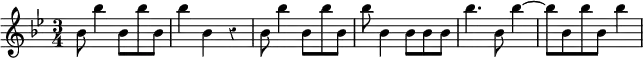 { \override Score.Rest #'style = #'classical \time 3/4 \key bes \major \relative b' { \stemDown bes8 bes'4 bes,8[ bes' bes,] | bes'4 bes, r | bes8 bes'4 bes,8[ bes' bes,] | bes'8 bes,4 bes8[ bes bes] | bes'4. bes,8 bes'4 ~ | bes8 bes, bes' bes, bes'4 } }