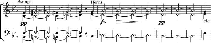 \new ChoirStaff << \override Score.TimeSignature #'stencil = ##f \override Score.Rest #'style = #'classical
  \new Staff <<
    \new Voice \relative f' { \key ees \major \time 3/4 \partial 4 \mark \markup \small "Strings" \stemUp
      f4^( | fis2.) ^~ fis2 fis4^( | g2.) ^~ |
      g4 r g^\markup \small "Horns" |
      aes2. ^~ aes ^~ aes ^~ aes ^~ aes ^~ aes ^~ aes | g4 }
    \new Voice \relative c' { \stemDown
     c4\pp _~ c2. _~ c2 c4_( | des2.) _~ des4 r ees4 _~ ees2.\fz _~ |
     ees\> _~ ees _~ ees\! | d2.\pp d d | ees4_"etc." } >>
  \new Staff <<
    \new Voice \relative e { \clef bass \key ees \major \stemUp
      ees4 ^~ ees2. ^~ ees2 ees4 ^~ ees2. ^~ ees4 r }
    \new Voice \relative a, { \stemDown
      aes4_( a2.) _~ a2 a4_( bes2.) _~ bes4 r bes | ces2. _~ |
      ces _~ | ces _~ ces bes _~ bes _~ bes | ees4 } >> >>