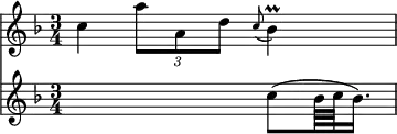 { \time 3/4 \key f \major << \relative c'' { c \times 2/3 { a'8 a, d} \appoggiatura c8 bes4\prall | }
\new Staff { \key f \major \relative c'' { s2 c8( bes64 c bes16.) | } } >> }