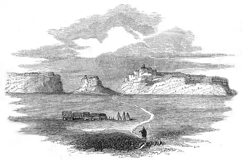 Engraving of tall bluffs with two gaps, with a wagon train and tents in the foreground