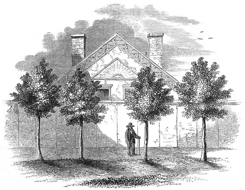 Engraving of a gabled building screened by a wall and small trees