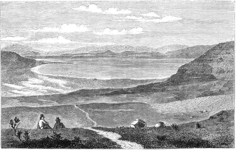 Engraving of distant lake surrounded by hills