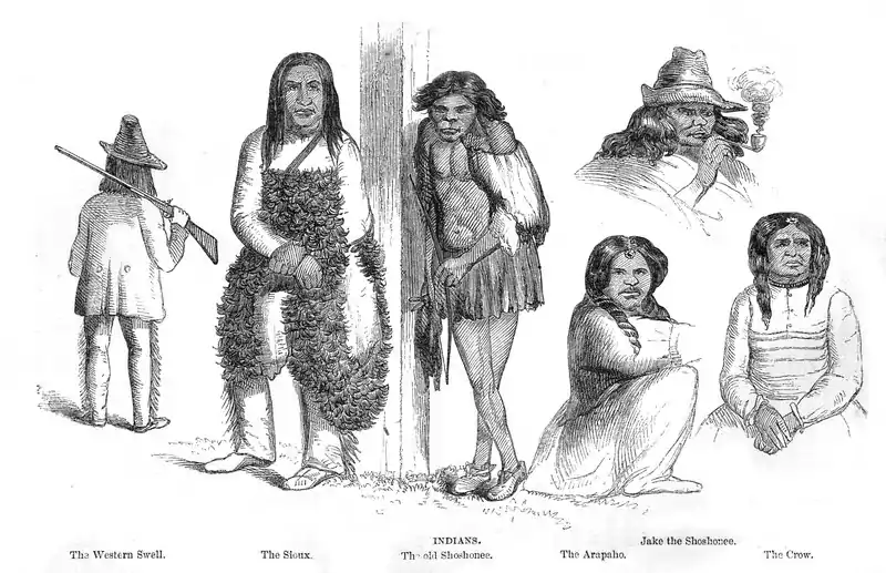 Row of portraits: the western swell, the Sioux, the old Shoshonee, the Arapaho, Jake the Shoshonee, the Crow