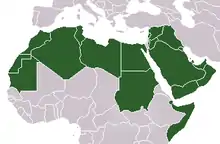 Countries which belong to the Arab League, a multinational organization that recognizes each member state as one populated mostly by Arabs.