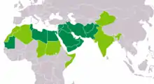 Countries which utilize the Arabic language and alphabet - dark green are the states which have nominated Arabic as the official script and states labeled light green which have named Arabic as semi-official or regional.