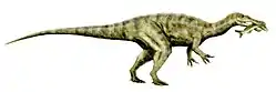 Colour drawing of a long-tailed dinosaur walking on its hind legs, with a fish in its mouth