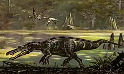 Painting of Baryonyx by a lake