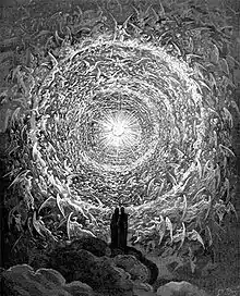 A man staring into a large swirl of angels and light