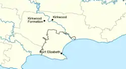 Map shows the city of Port Elizabeth on the coast of South Africa, with Kirkwood to the north, and the formation just west of Kirkwood