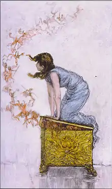 An imagine of Pandora's box. Pandora is trying to hold the box close. Pandora's box is an ancient greek mythology story about about hope