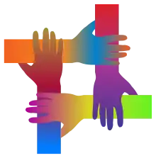 A depiction of 4 interlocking hands.