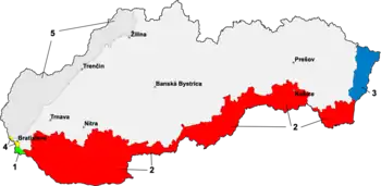 Map of Slovakia reflecting southern losses to Hungary