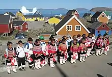 First day in shool for the new pupils in first grade at the Prinsesse Margrethe School in Upernavik, Greenland. All pupils are wearing the national costumes of Greenland on this special day.