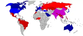 Human trafficking. Main origin countries of trafficked people (red) and destination countries for trafficked people (blue).