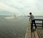 Fisherman casting a round net