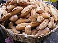 A stack of loaves ofbread in a basket