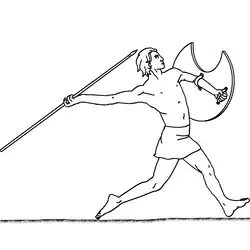 A line drawing of a man holding a shield and hurling a spear