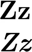 Uppercase and lowercase versions of Z, in normal and italic type