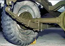 A photograph of a leaf spring mounted under an axle, connected to a large tire