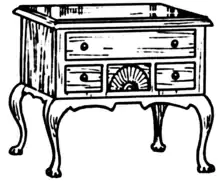 A line drawing of a piece of furniture with several drawers