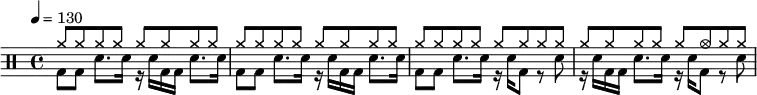 \drums{\tempo4=130<<{\hide\ppp\repeat unfold29{cymr8}cymca8cymr8 8}\\{\repeat unfold2{bd8 8sna8. 16r16 16bd16 16sna8. 16}bd8 8sna8. 16r16 16bd8r8sna8r16 16bd16 16sna8. 16r16 16bd8r8sna8}>>}